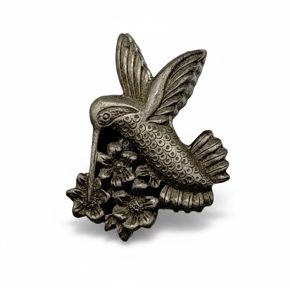 Vintage Torino Pewter Hummingbird Locket Brooch Pin & Pendant Necklace Set